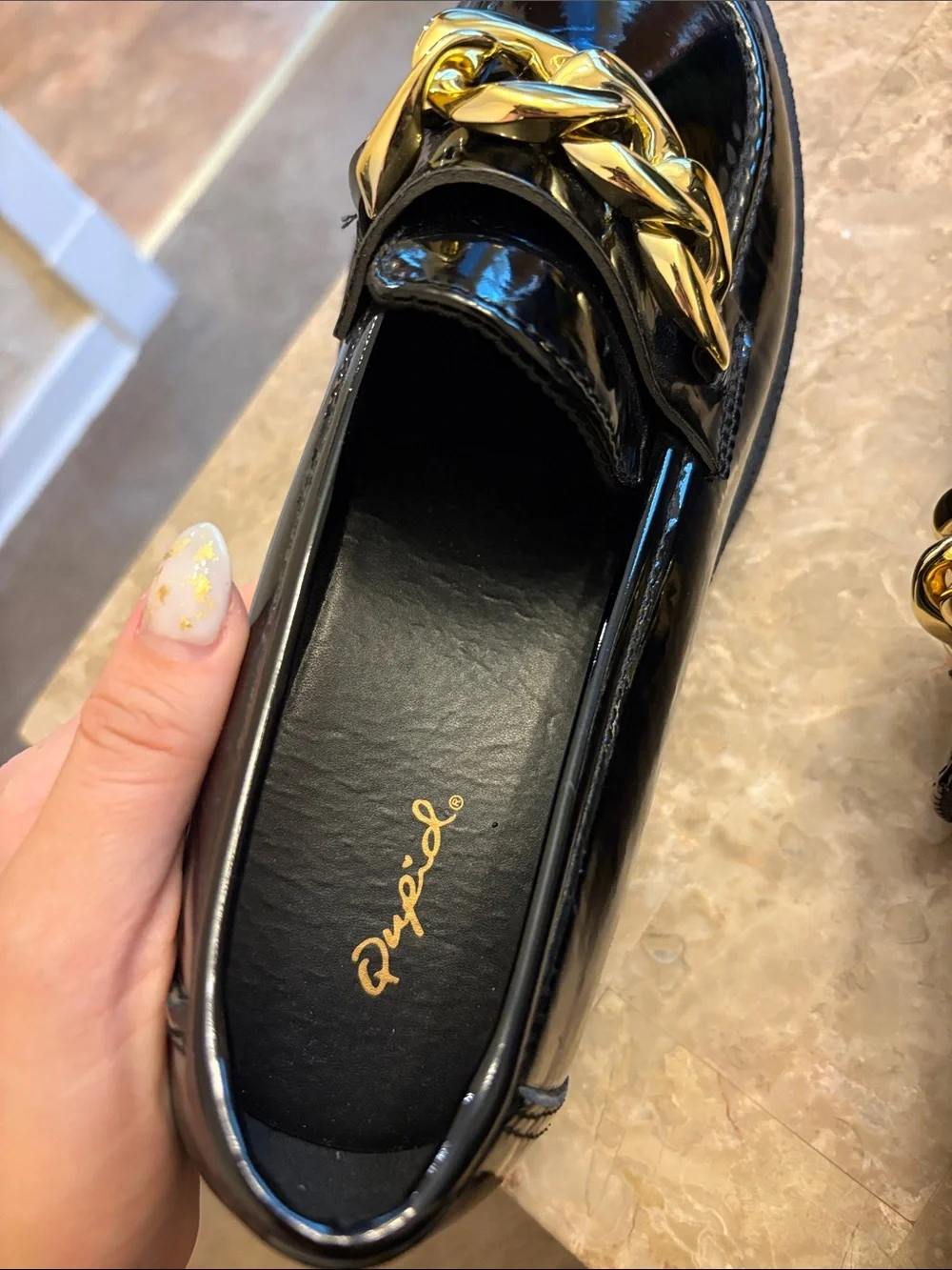 NEW Qupid Black Patent Platform Loafers with Gold Chain
